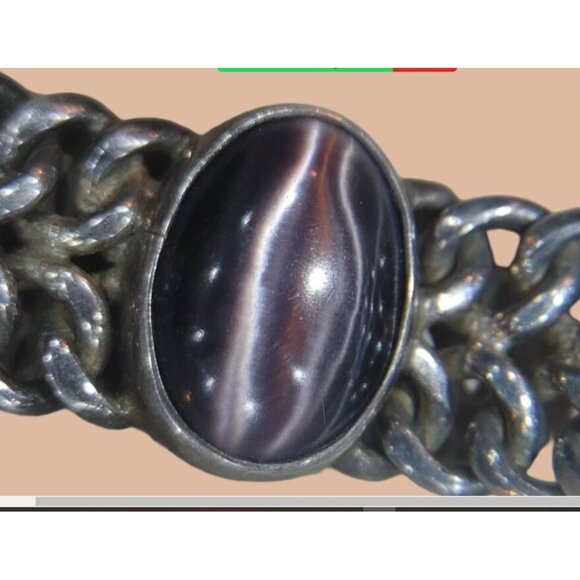 Sterling Silver Mexico Bracelet Simulated Purple Cats Eye Gemstone 925 Jewelry - Picture 1 of 16